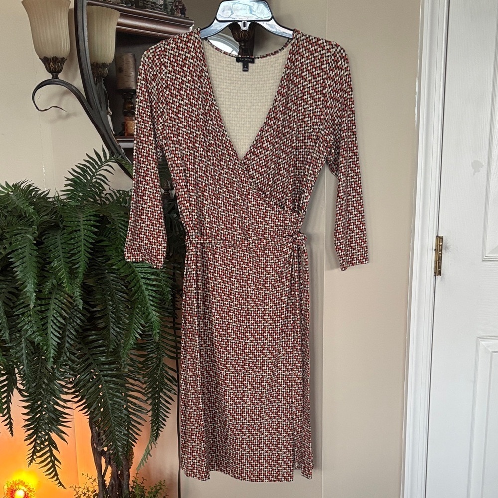 Talbots Orange Brown Mod Pixel Houndstooth Tie Waist Faux Wrap Dress V-Neck Fall